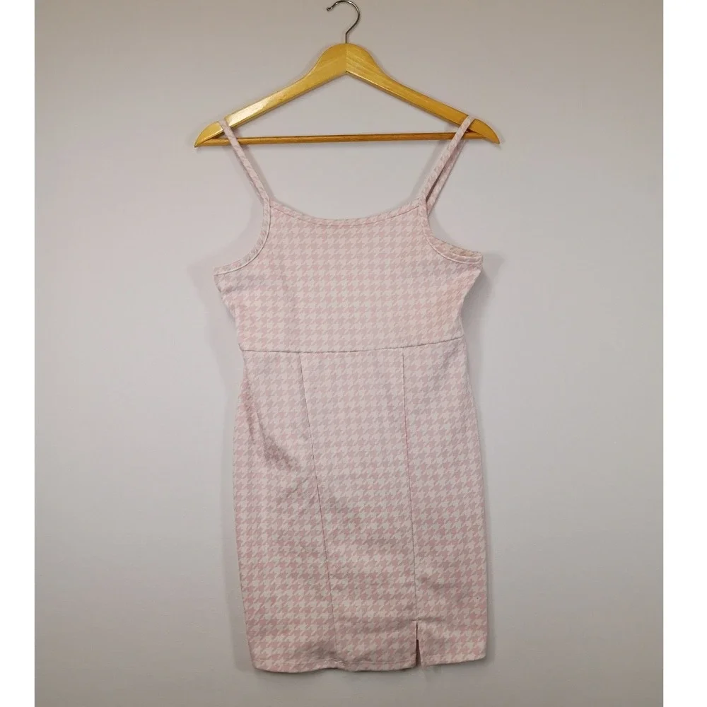 Coquette Preppy btween Girls Size 12 Pink Houndstooth Cami Dress Front Slit